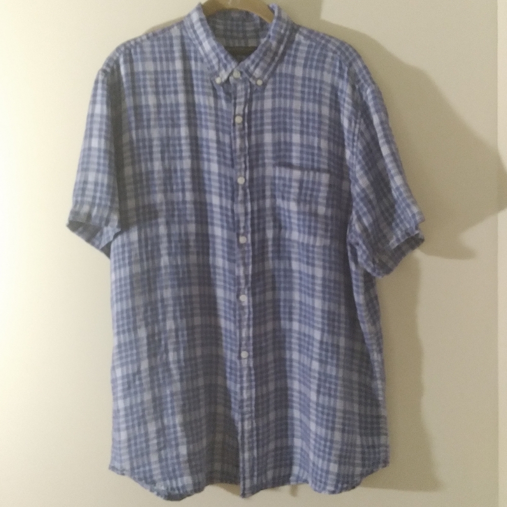 Banana Republic Linen Short Sleeve Camp Shirt Camden Blue Plaid‎ Mens Large